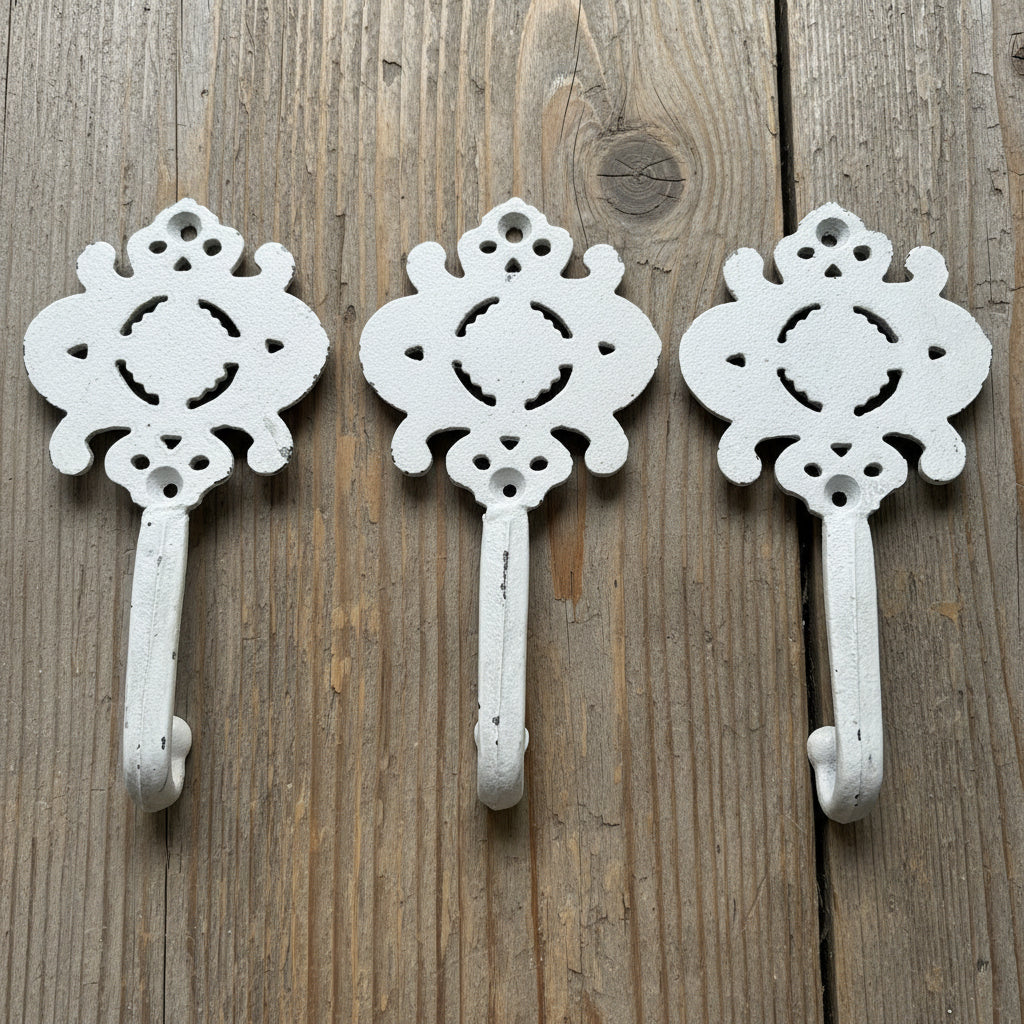 Decorative White Cast Iron Wall Hook - Set of 3