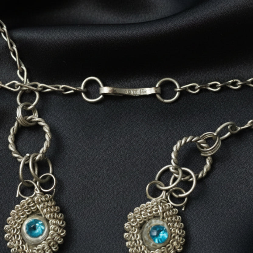 Antique Selesia Iron Wirework Blue Czech Glass Necklace & Bracelet Set