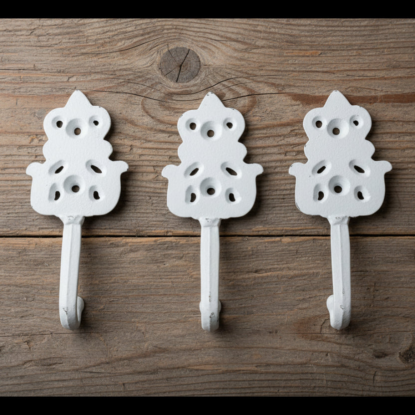 Decorative White Cast Iron Wall Hook - Set of 3