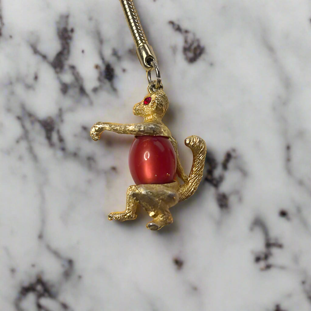 Monkey Pendant with Red Gemstone Belly - Vintage