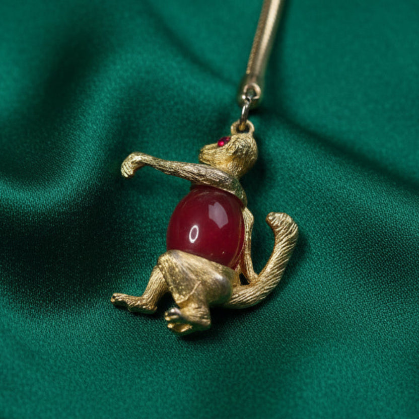 Vintage Gold Tone Monkey Pendant with Red Belly and Rhinestone Eyes