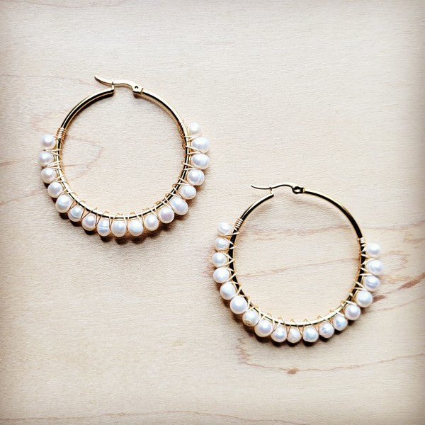 Wire Wrapped Freshwater Pearl Beaded Hoop Earrings