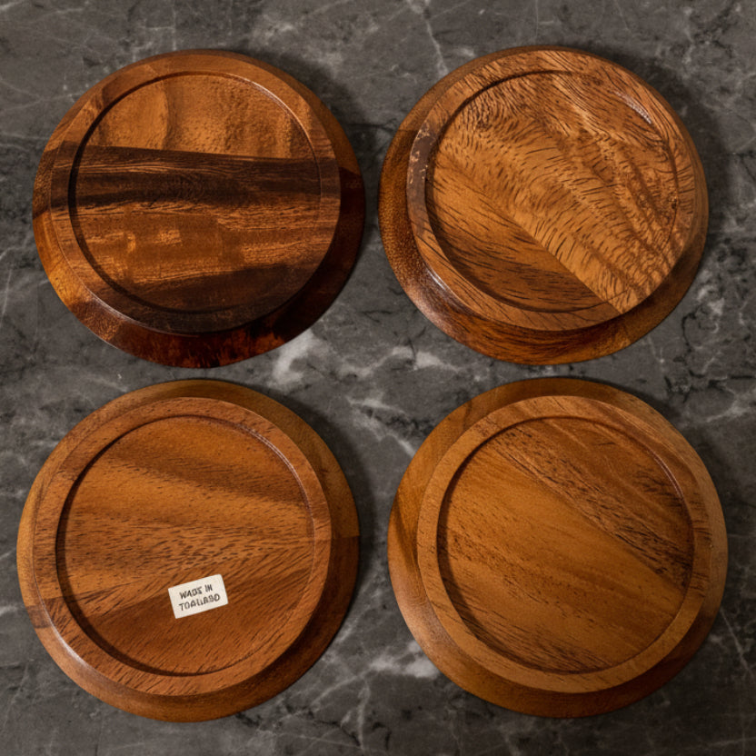 Vintage Acacia Wood Coaster Set of 4 | Made in Thailand 4" x .5" 