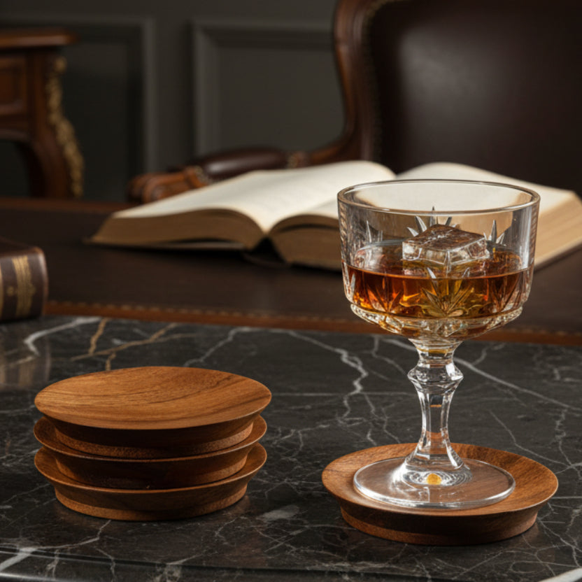 Vintage Acacia Wood Coaster Set of 4 | Made in Thailand 4" x .5" 