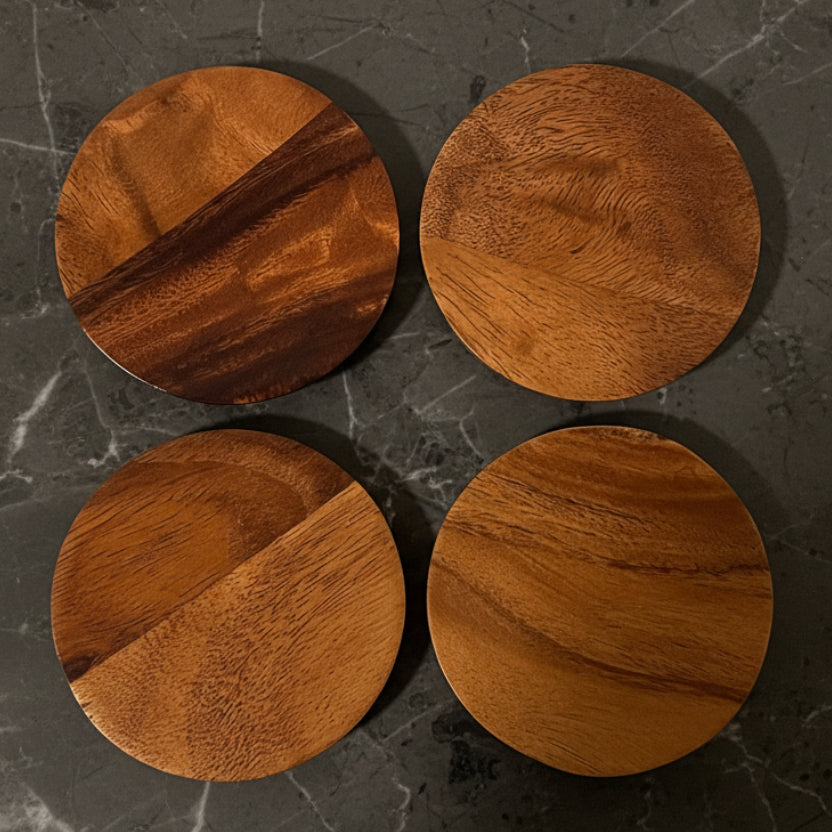 Vintage Acacia Wood Coaster Set of 4 | Made in Thailand 4" x .5" 
