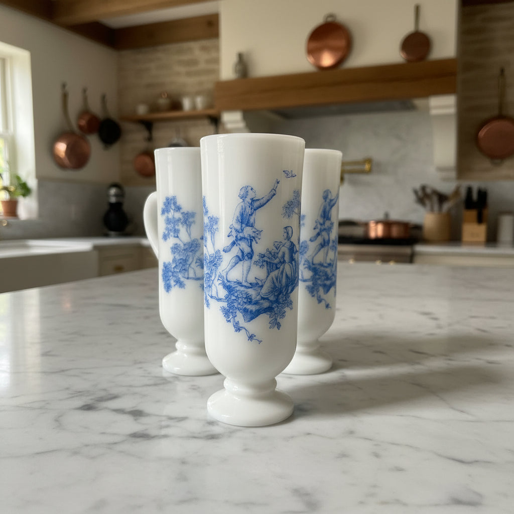 1960s Avon Milk Glass Demitasse Blue Toile Mug - Set of 6