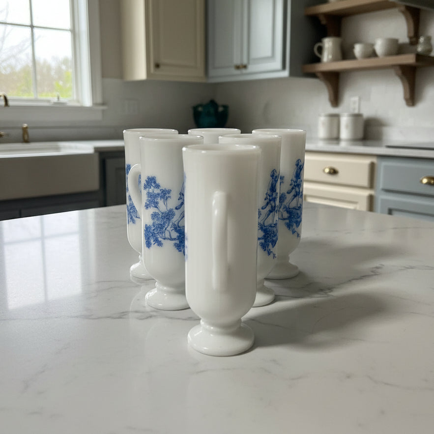 1960s Avon Milk Glass Demitasse Blue Toile Mug - Set of 6