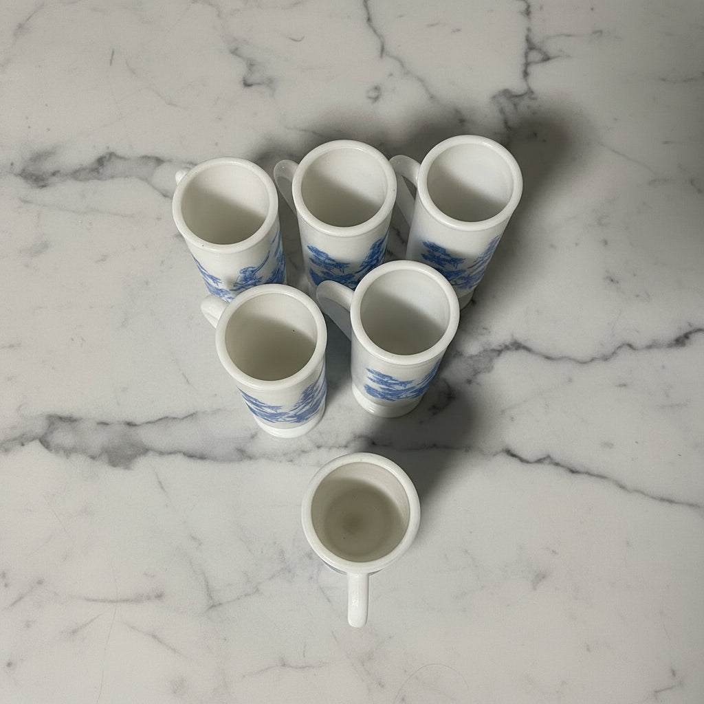 1960s Avon Milk Glass Demitasse Blue Toile Mug - Set of 6