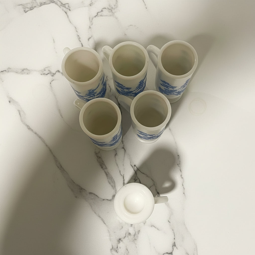 1960s Avon Milk Glass Demitasse Blue Toile Mug - Set of 6