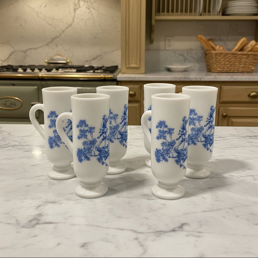1960s Avon Milk Glass Demitasse Blue Toile Mug - Set of 6