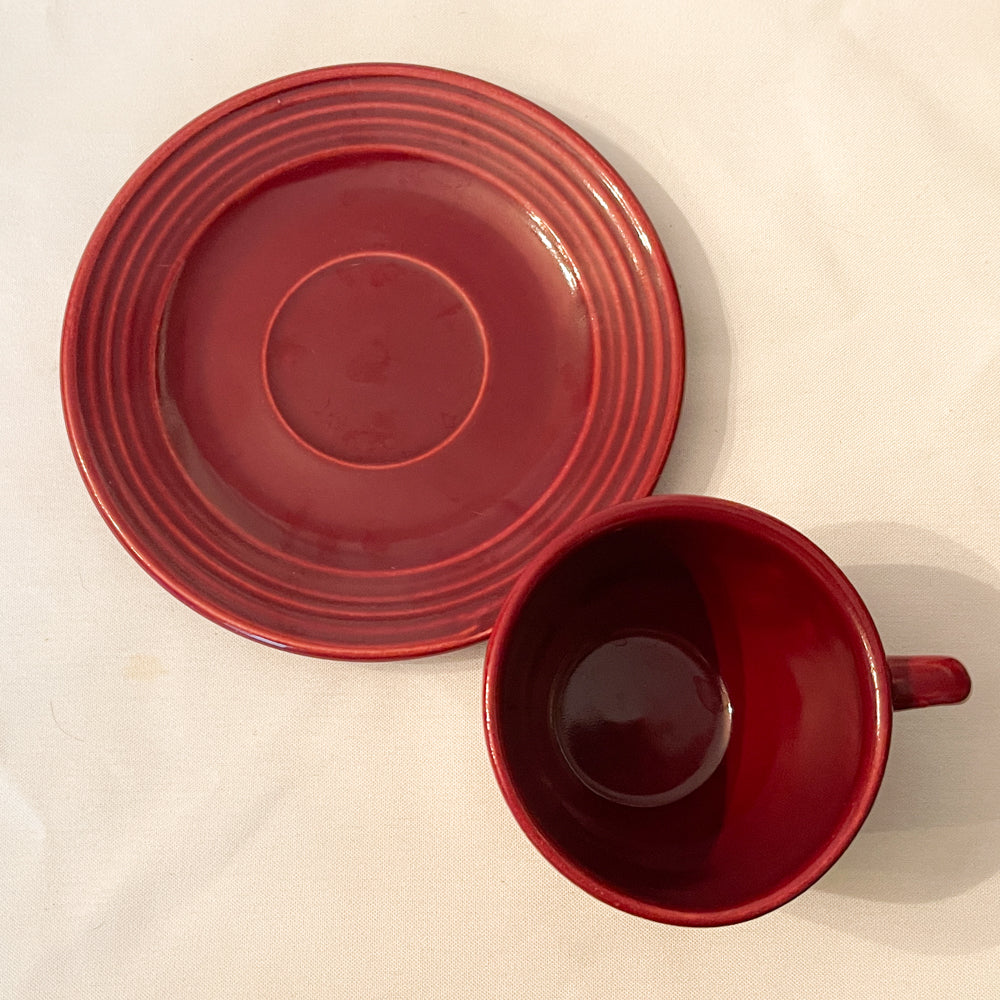 Bauer Pottery Ring Burgundy Cup & Saucer - 1940s