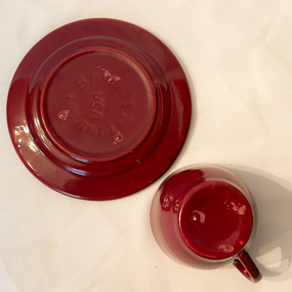 Bauer Pottery Ring Burgundy Cup & Saucer - 1940s