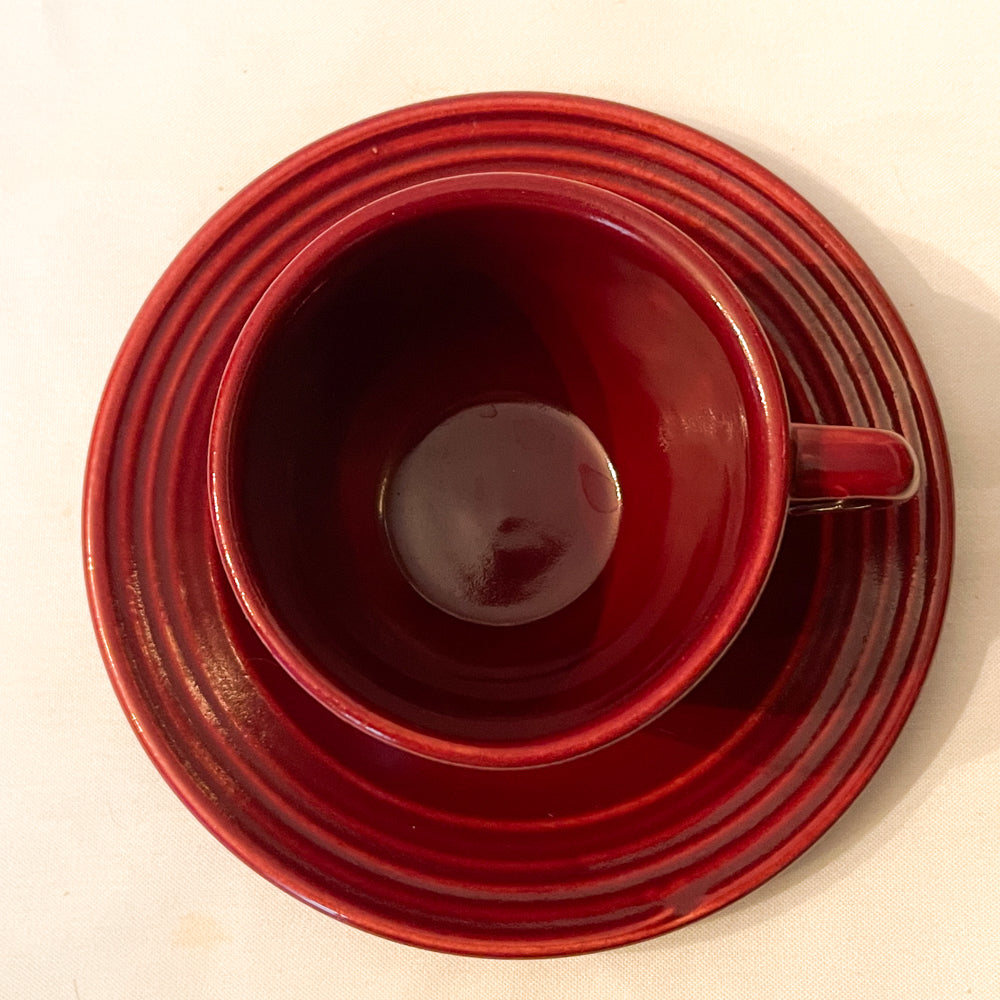 Bauer Pottery Ring Burgundy Cup & Saucer - 1940s