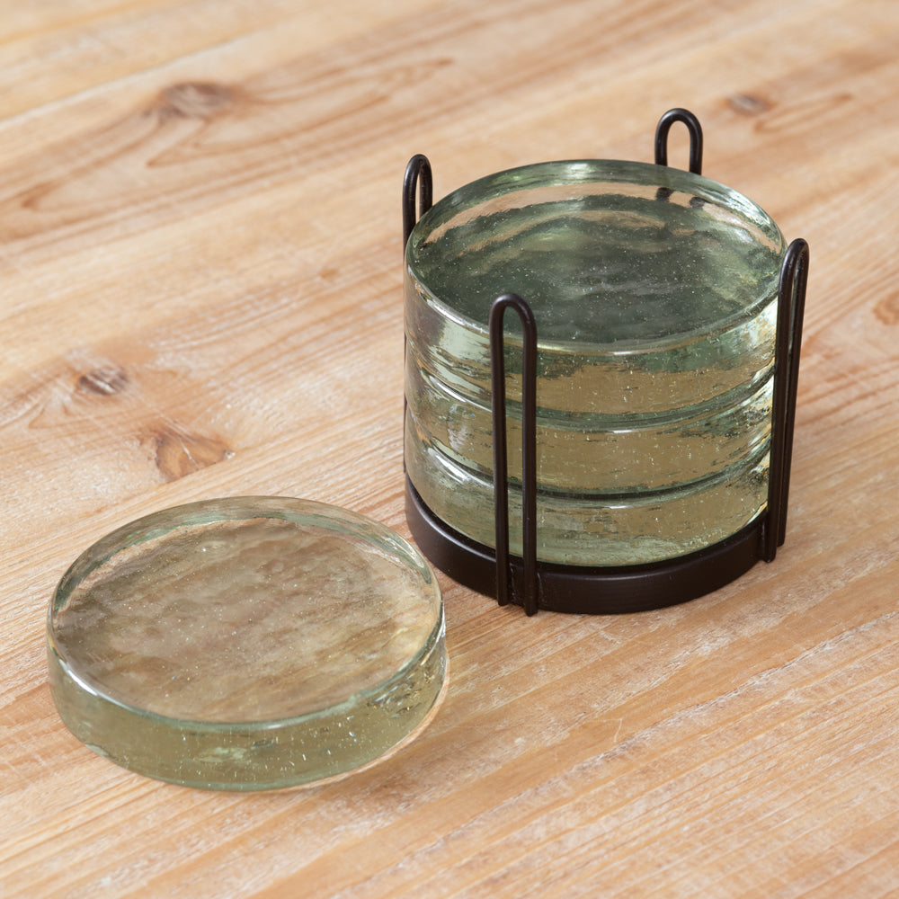 Blocked Glass Coasters & Caddy - Set of 4