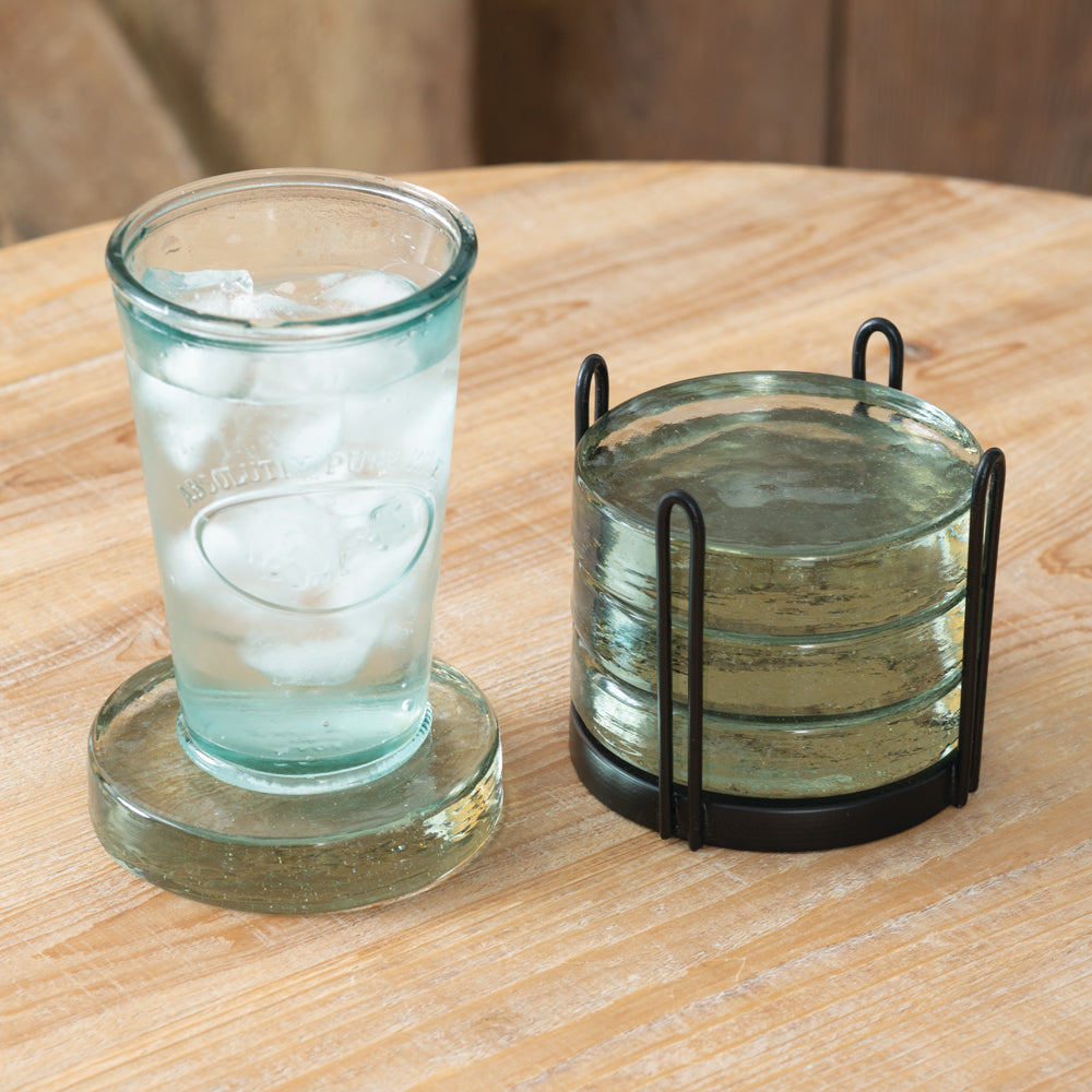 Blocked Glass Coasters & Caddy - Set of 4