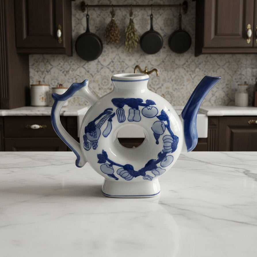 I980s Home Essentials Donut Shaped Porcelain Teapot