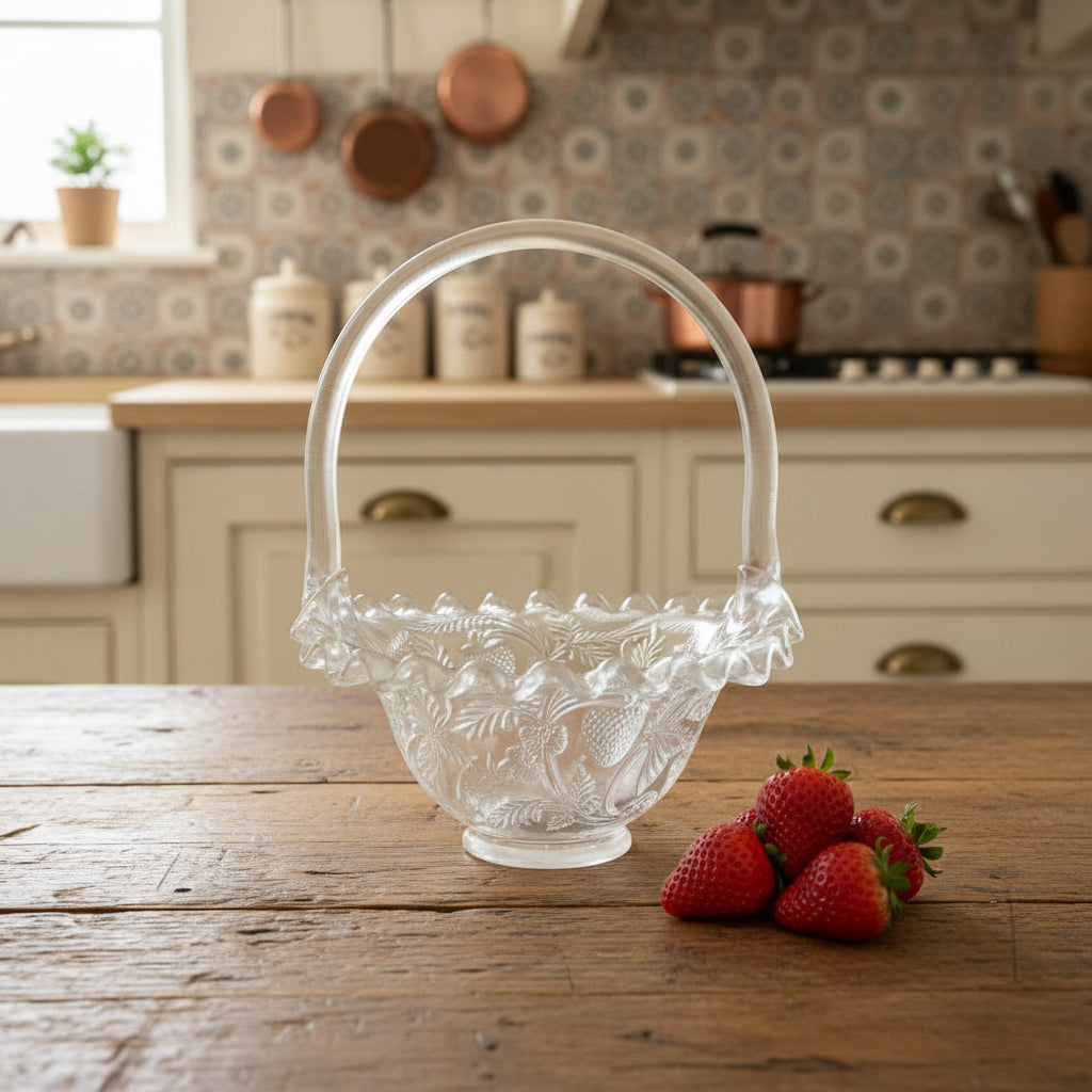 Vintage Fenton Frosted Glass Strawberry Basket