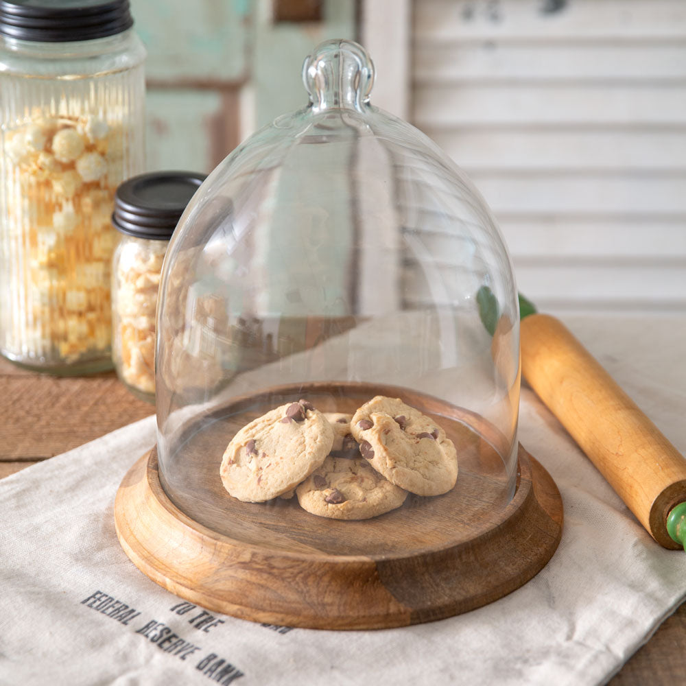 Glass Bell Shaped Cloche with Wood Base