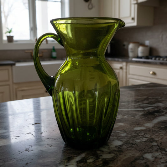 Vintage Hand Blown Green Glass Pitcher | Decorative Glassware