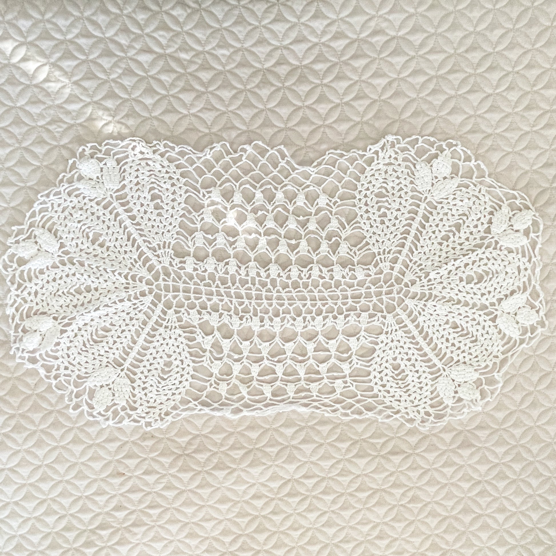 Hand Crochet White Oval Doily - 1990s