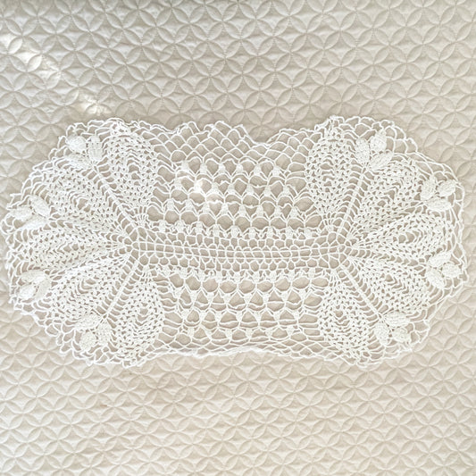 Hand Crochet White Oval Doily - 1990s