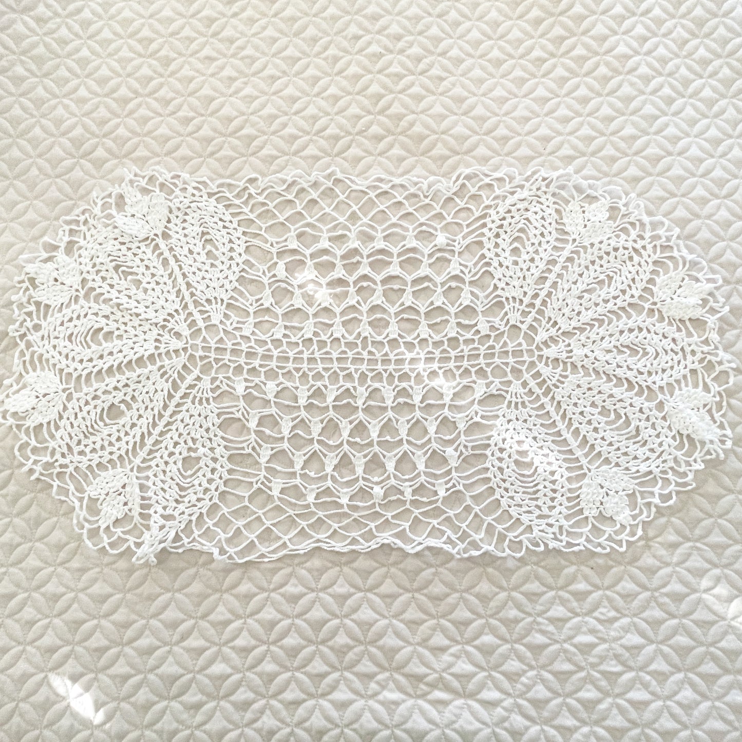 Hand Crochet White Oval Doily - 1990s