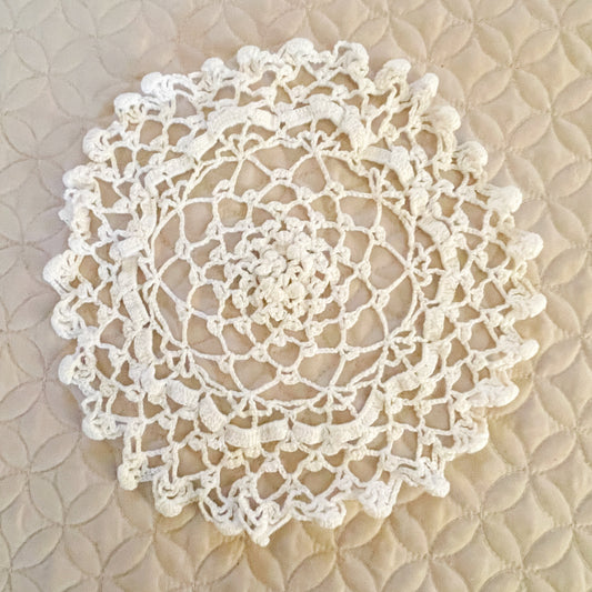 Hand Crochet White Round Doily 10.5" - 1990