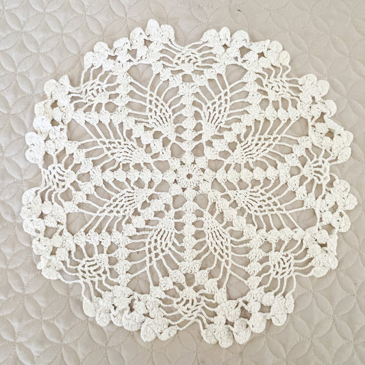 Hand Crochet White Round Doily 14.5" - 1990