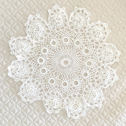 Hand Crochet White Round Doily 19" - 1990