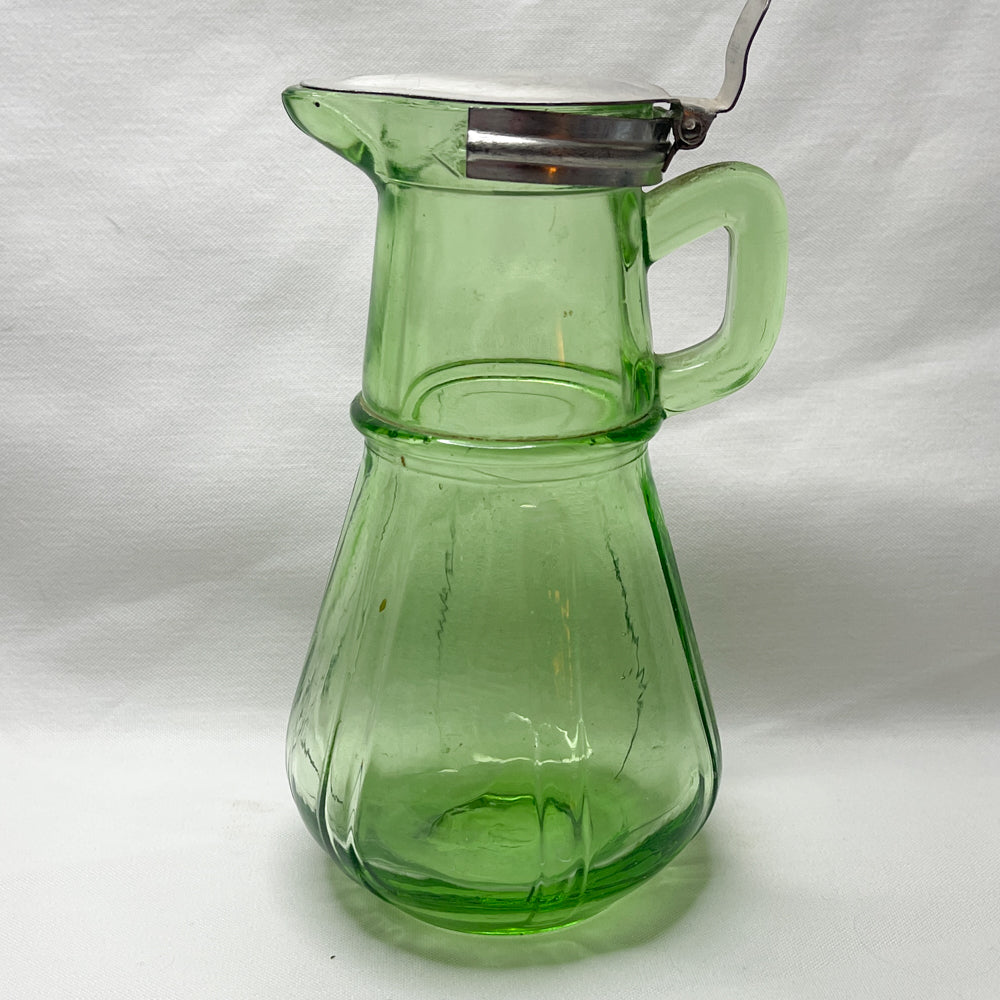 Hazel Atlas Uranium Glass Syrup Pitcher with Lid - 1920s