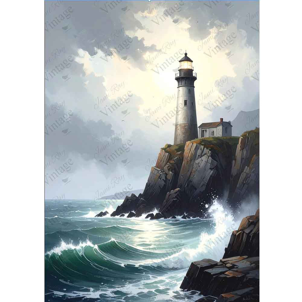 Lighthouse On The Rocks A4 Rice Paper - JRV