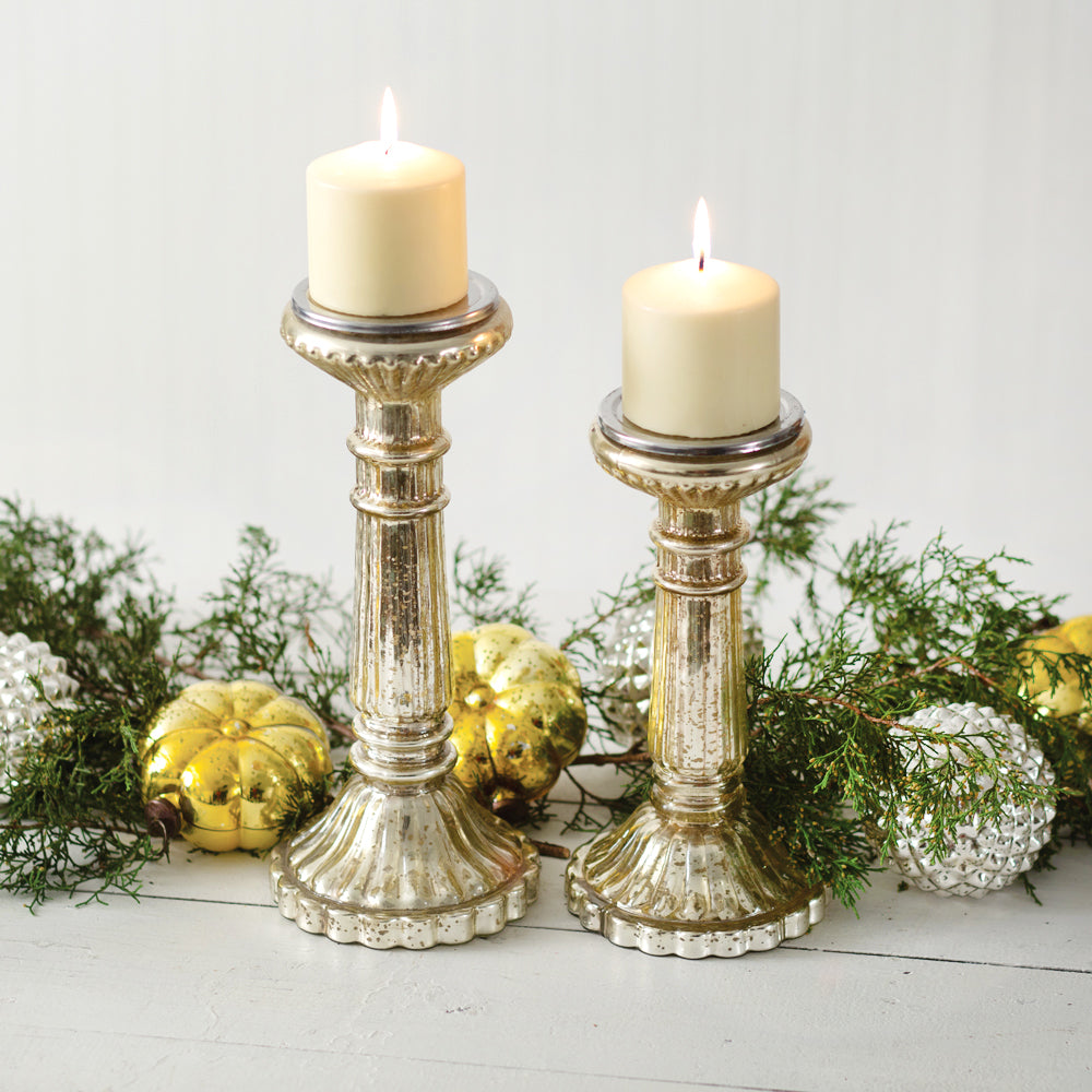 Mercury Glass Pillar Candle Holders - Set of 2