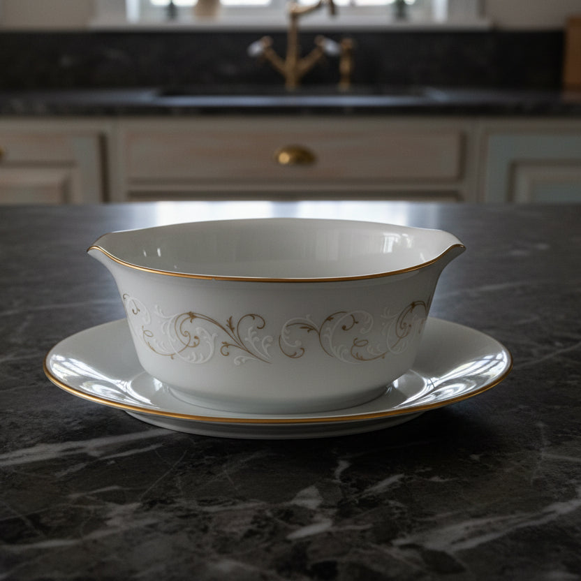 Vintage Noritake Duetto Gravy Boat with Attached Underplate