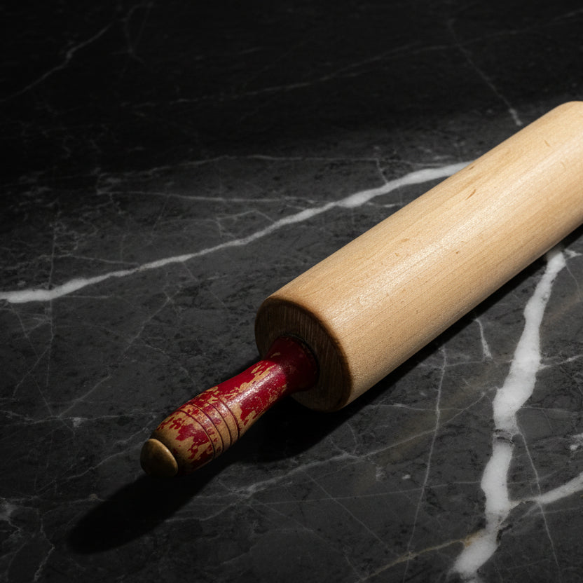 Vintage Red Handled Wood Rolling Pin | Rustic Kitchen Decor 1950s–60s