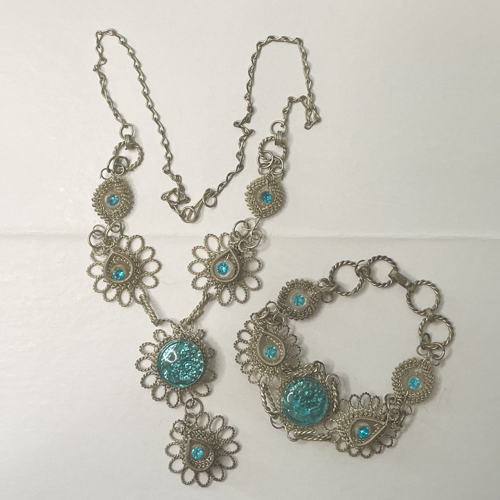 Blue Czech Glass Necklace & Bracelet Set - Selesia Iron Wirework