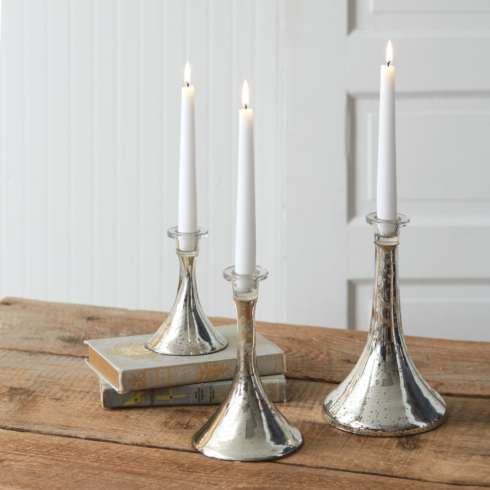 Silver Mercury Glass Taper Candle Holders - Set of 3