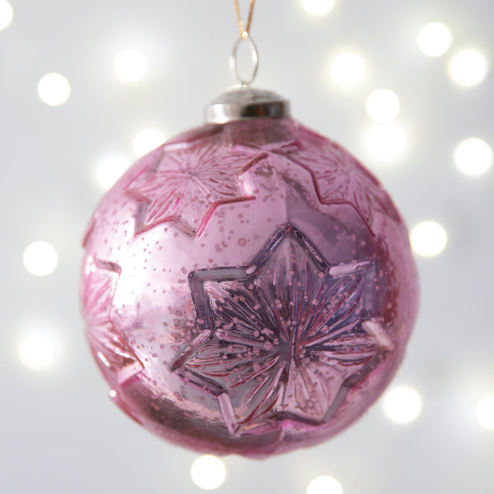 Snowflake Mercury Glass Ornament - Pink - Box of 4