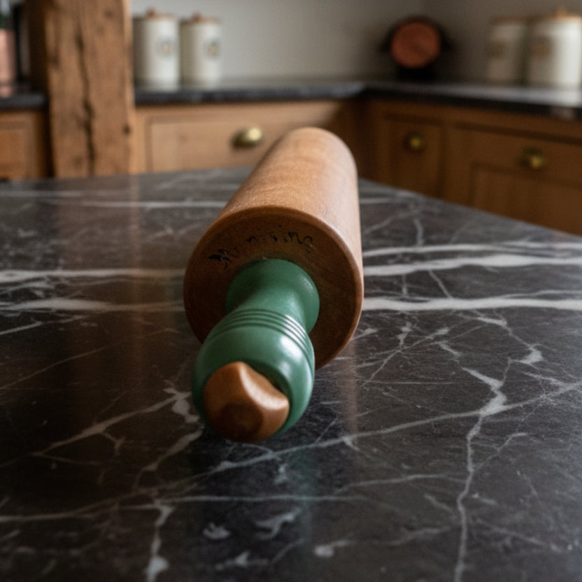 Vintage Munising Wood Rolling Pin with Green Handles