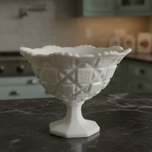 1940s Westmoreland Old Quilt Milk Glass Footed Bell Bowl