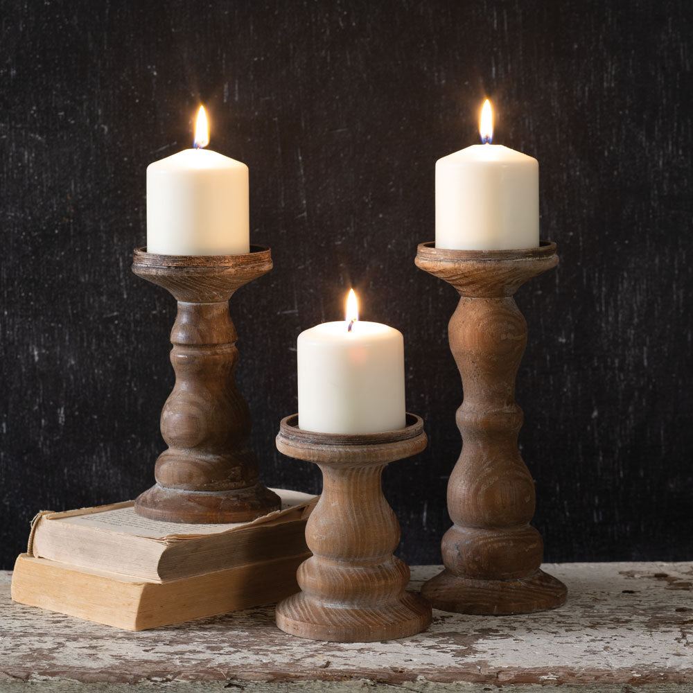 Wood Pillar Candle Holders - Set of 3