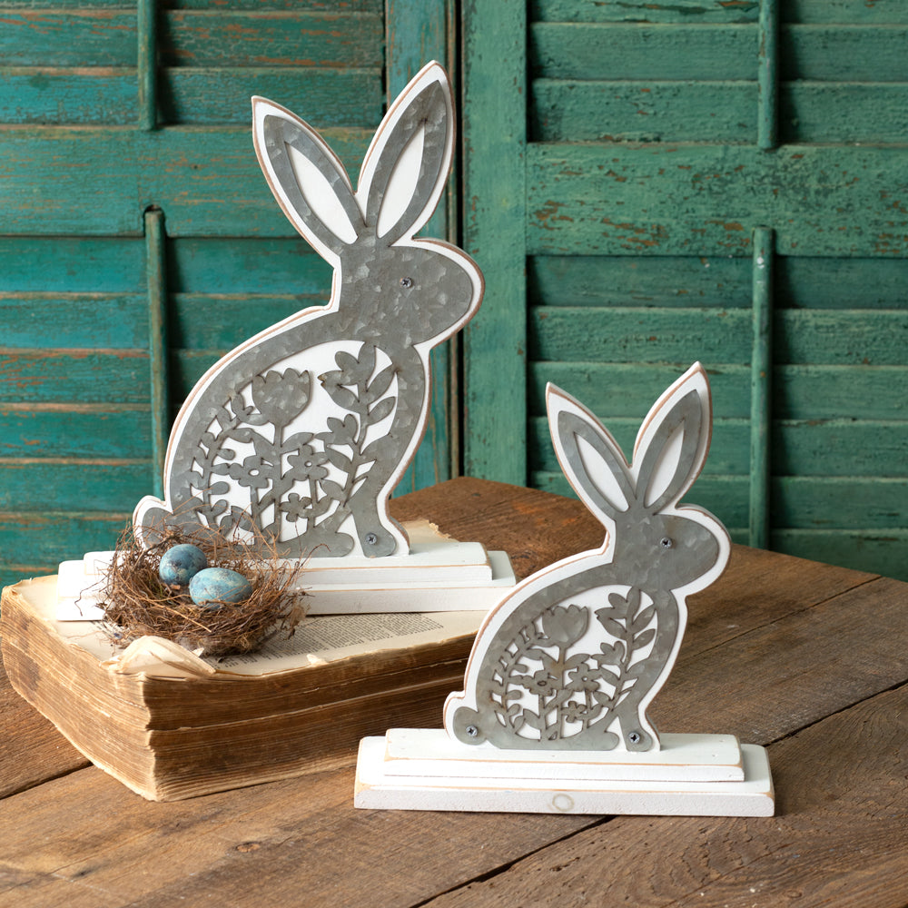 Wooden Bunnies with Metal Cutouts - Set of 2