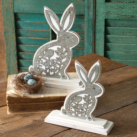 Wooden Bunnies with Metal Cutouts - Set of 2