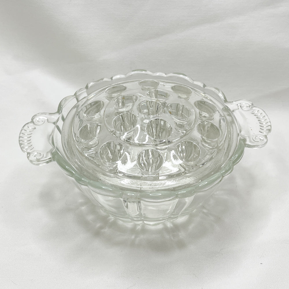 Anchor Hocking 16 Hole Glass Flower Frog & Bowl