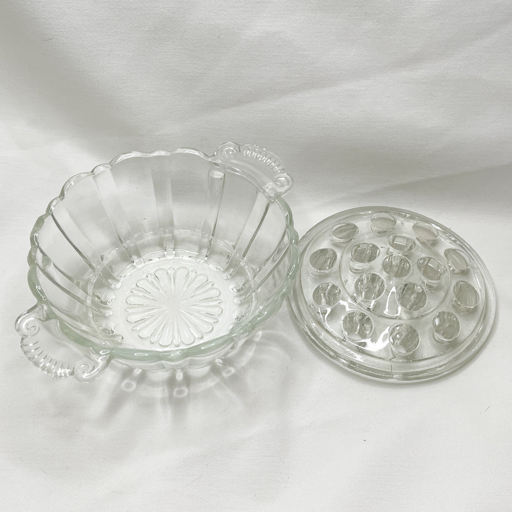 Anchor Hocking 16 Hole Glass Flower Frog & Bowl