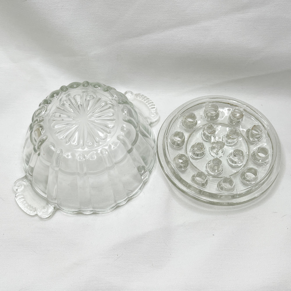 Anchor Hocking 16 Hole Glass Flower Frog & Bowl