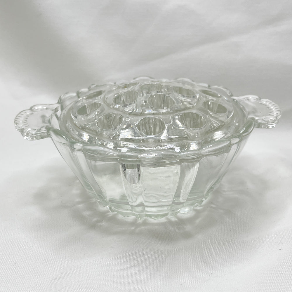 Anchor Hocking 16 Hole Glass Flower Frog & Bowl