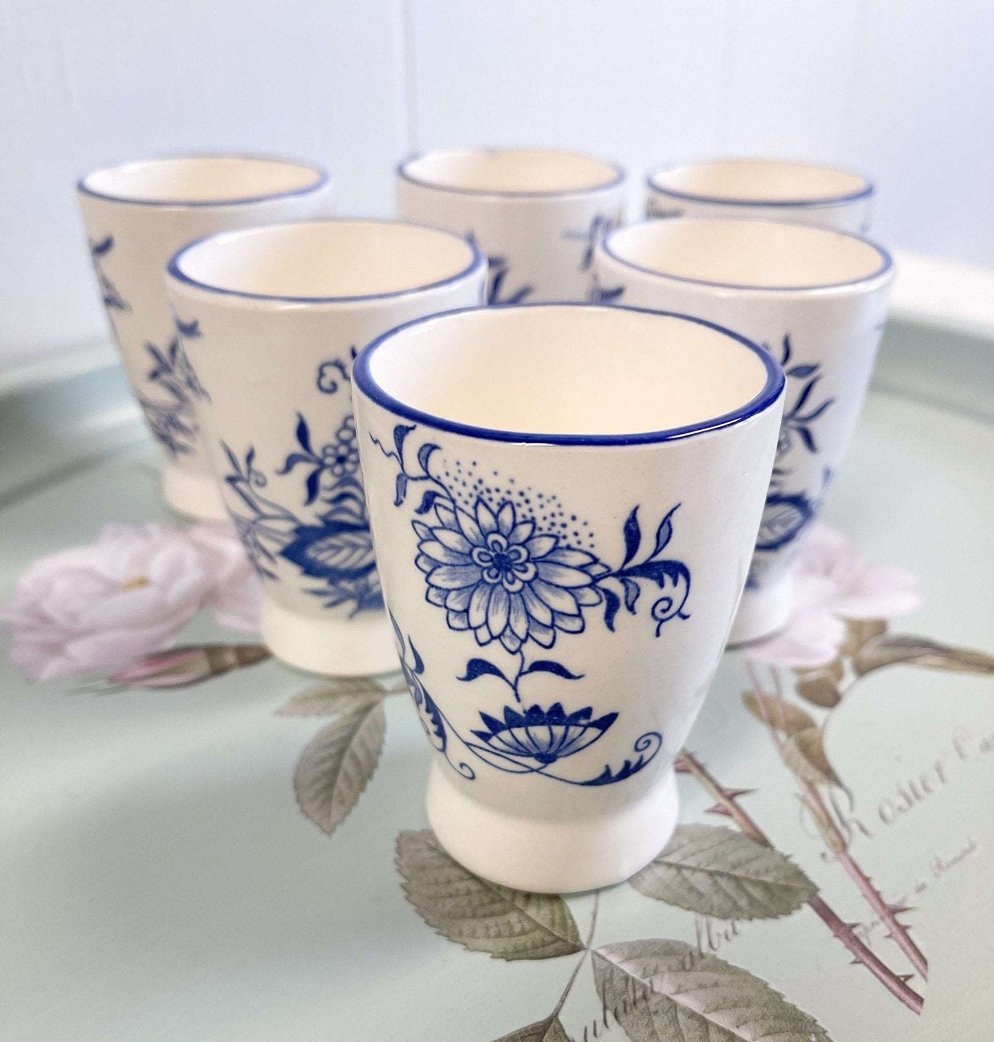 Blue Floral Hand Painted Tea Cups Japan - Set of 6-Unknown-Tea Cups-Stockton Farm