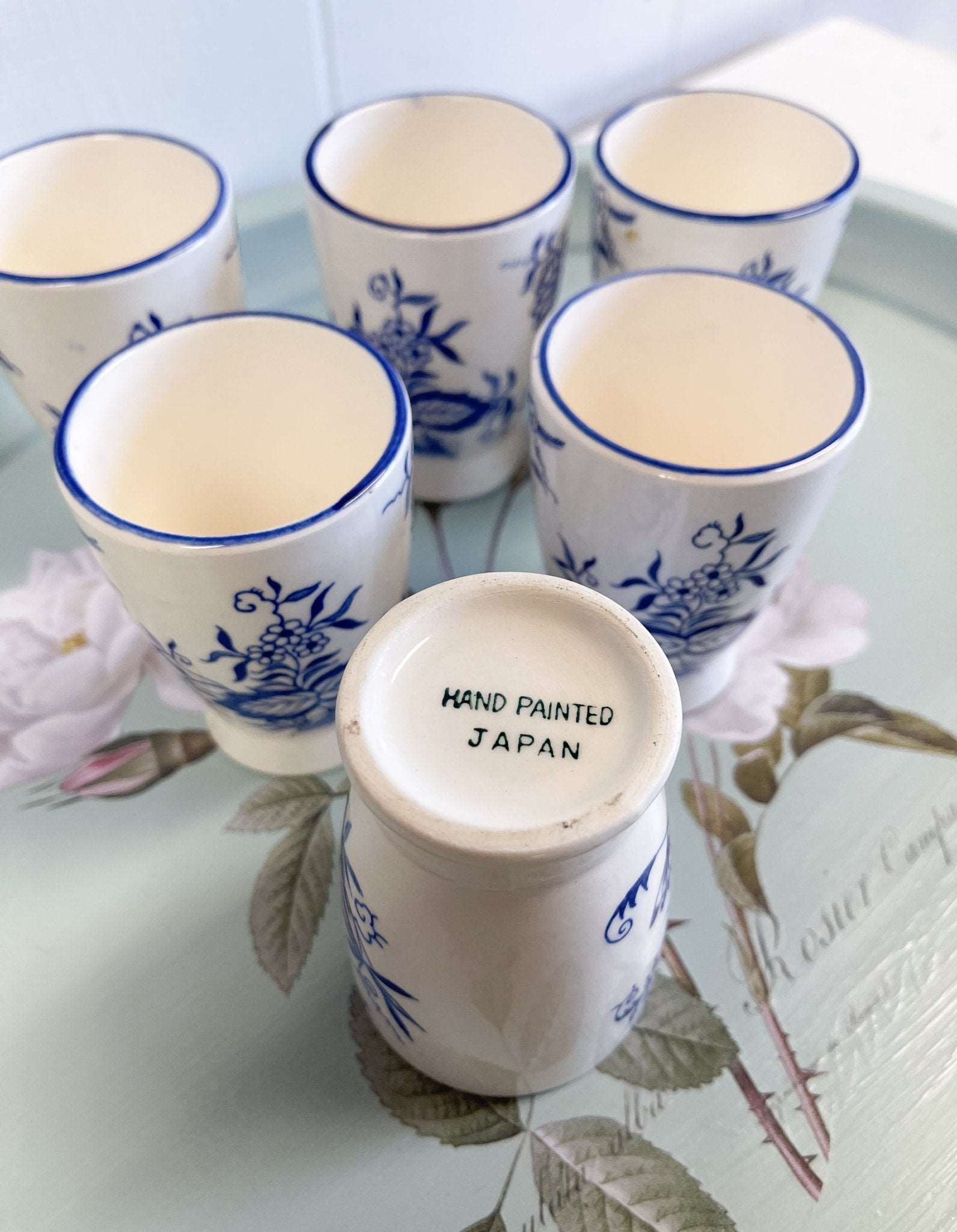 Blue Floral Hand Painted Tea Cups Japan - Set of 6-Unknown-Tea Cups-Stockton Farm