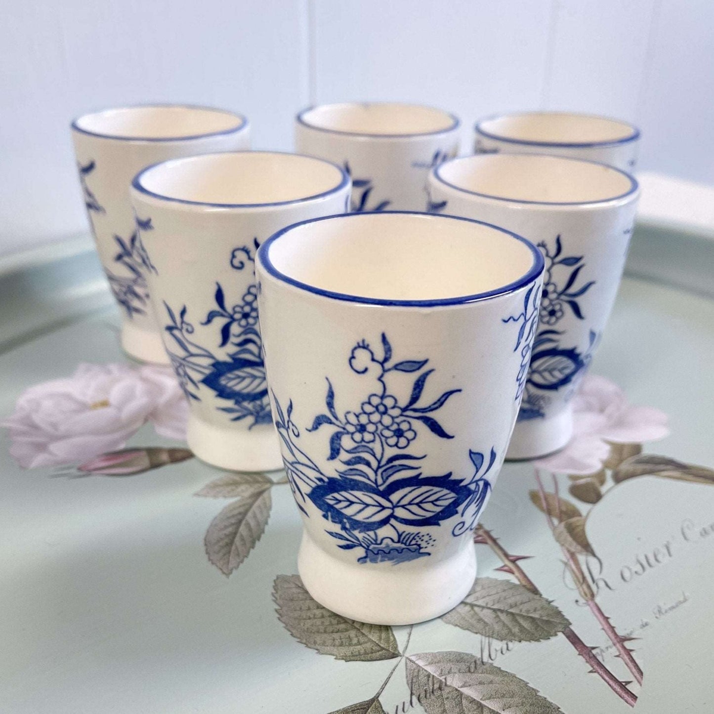 Blue Floral Hand Painted Tea Cups Japan - Set of 6-Unknown-Tea Cups-Stockton Farm