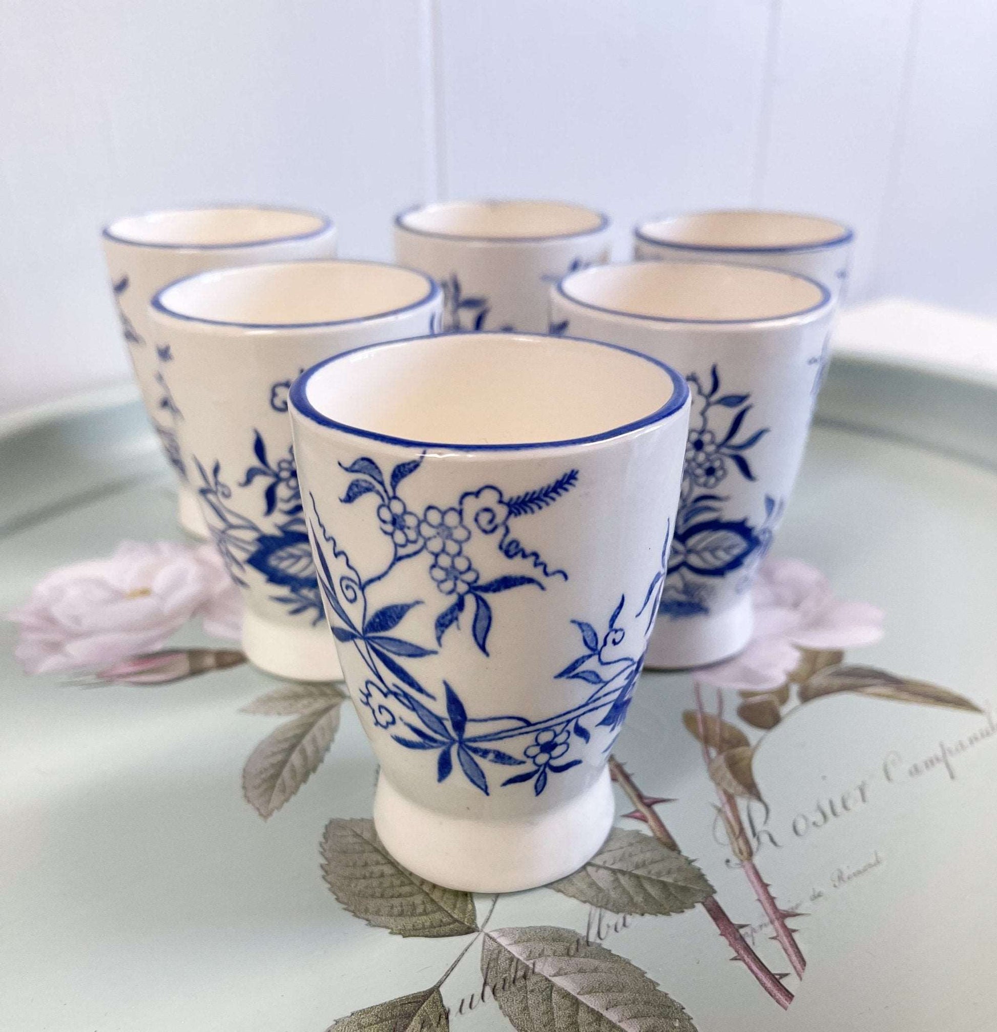 Blue Floral Hand Painted Tea Cups Japan - Set of 6-Unknown-Tea Cups-Stockton Farm